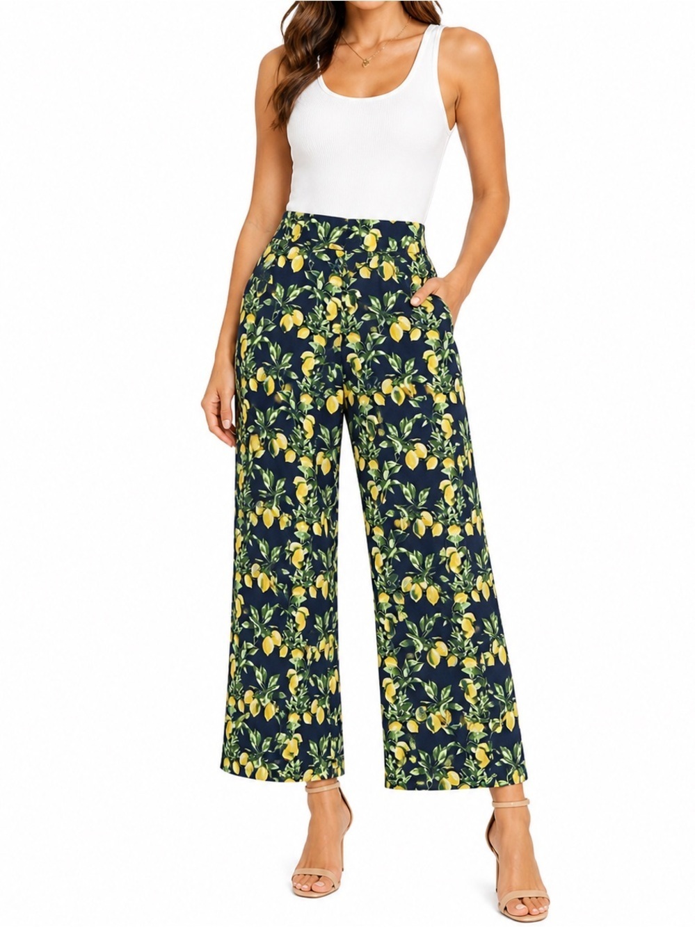 LOFT Lemon Print Wide-Leg Pants | Size Medium Petite| Coastal Chic Resort Style